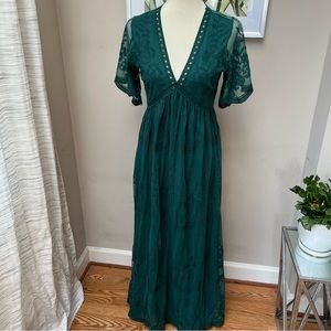 Pinkblush Forest Green Lace Mesh Overlay Maternity Maxi Dress, size medium
